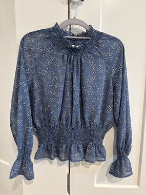 Love Tree Blue Floral Smocked Neck & Waist Blouse. Size S